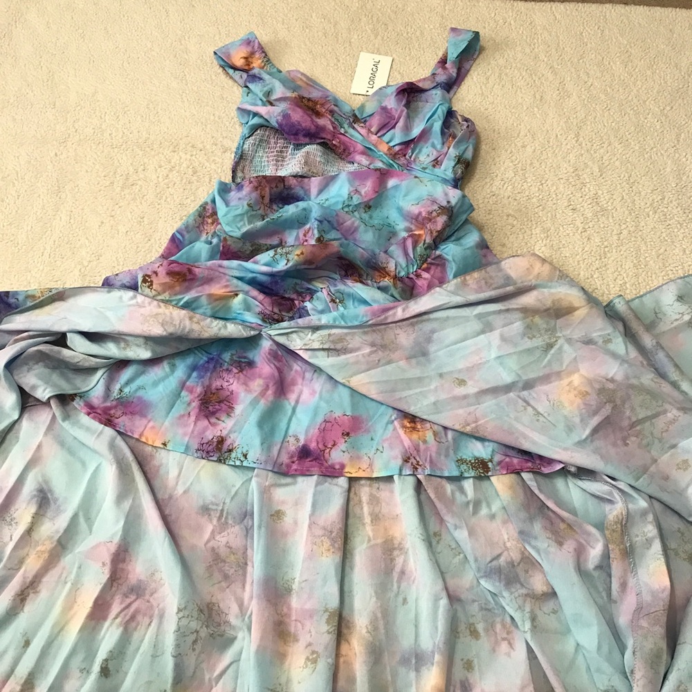 Deep V Neck Cutout Maxi Dress Asymmetrical High Slit Blue Multicolor Size M - Picture 9 of 14